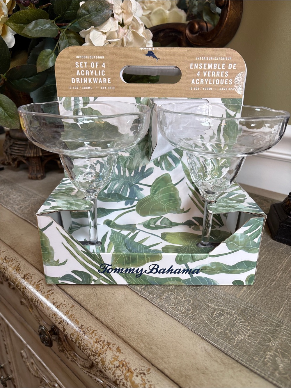 Tommy Bahama Clear Acrylic Margarita Glasses - Set of 4 with Leaf Print Box